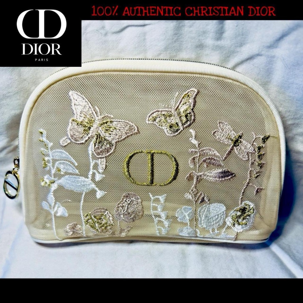 100% Authentic Christian Dior Gwp Mesh Embroidered Cream Butterfly Flower Pouch